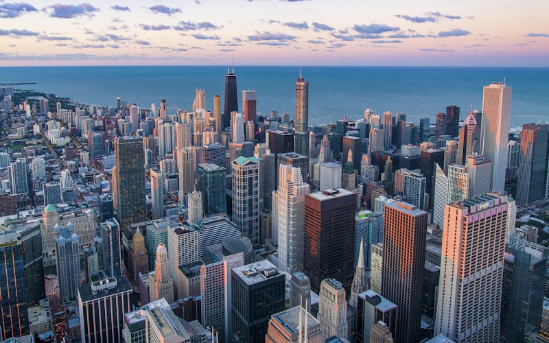 Aerial view of the Chicago skyline with Lake Michigan in the background