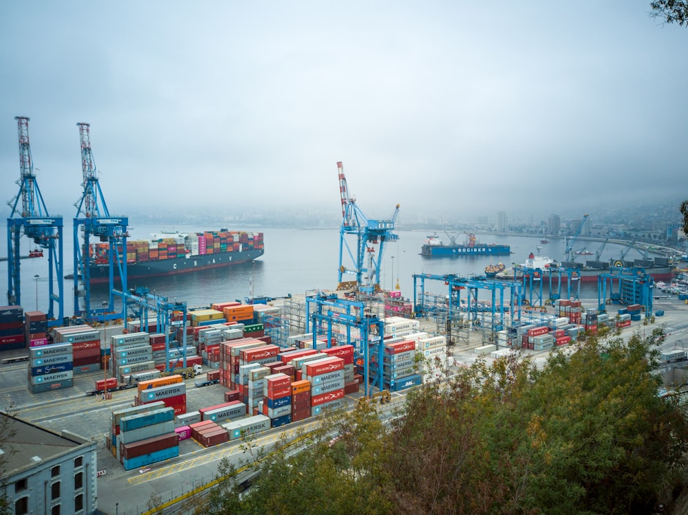 Container ship at a busy shipping port